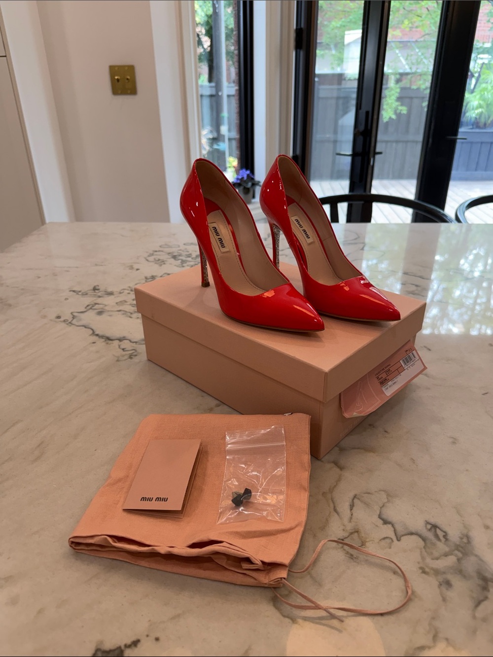 Miu Miu Vernice Lacca Coral Patent Leather Glitter Sole Pumps